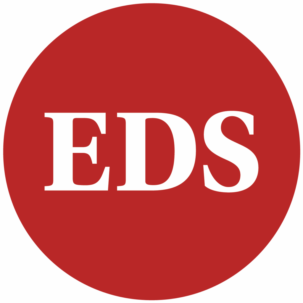 Red circle with white, serif letters in the center reading, E D S